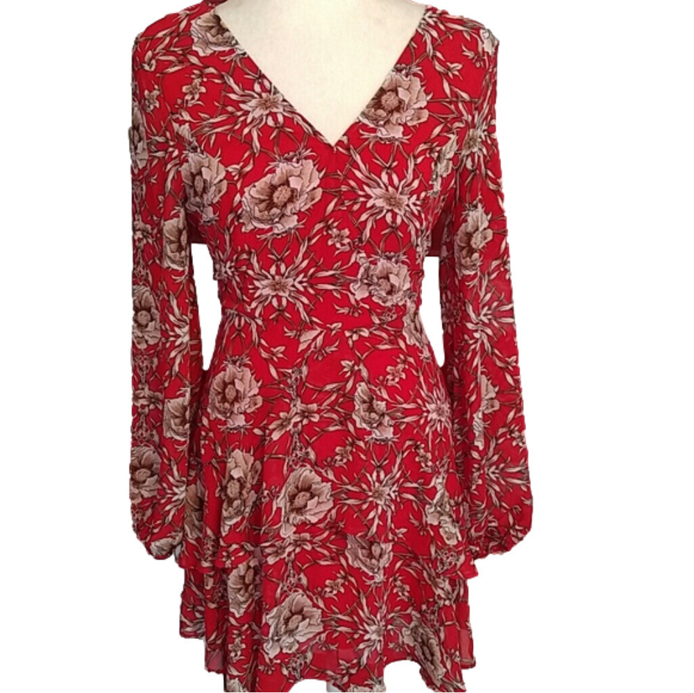 Entro Red Floral V-Neck Dress S